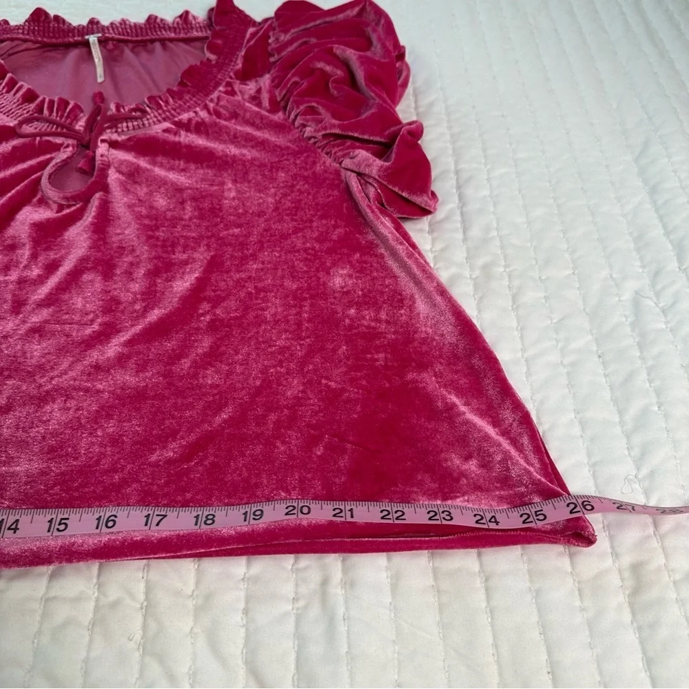 Free People Fuchsia Crop Top Terese Velvet Shorts Puff Sleeve Keyhole Tie Neck